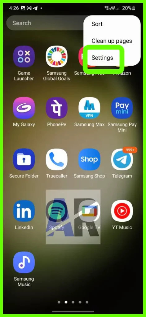 Samsung App Menu settings
